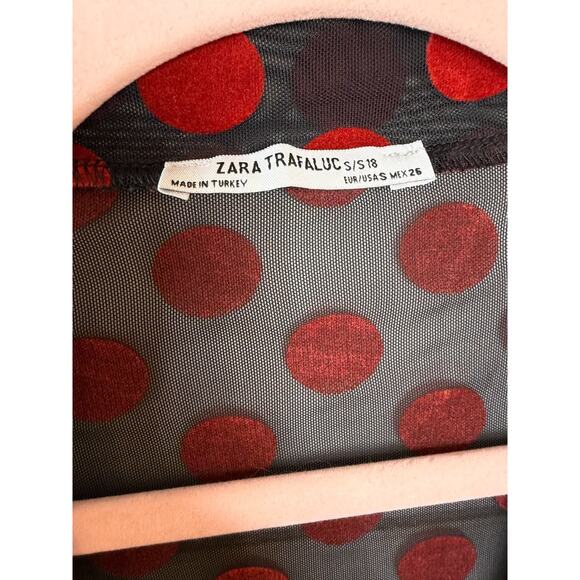 ZARA Black with Red Velvet Polka Dots Sz SM Blouse Sheer - Picture 3 of 4